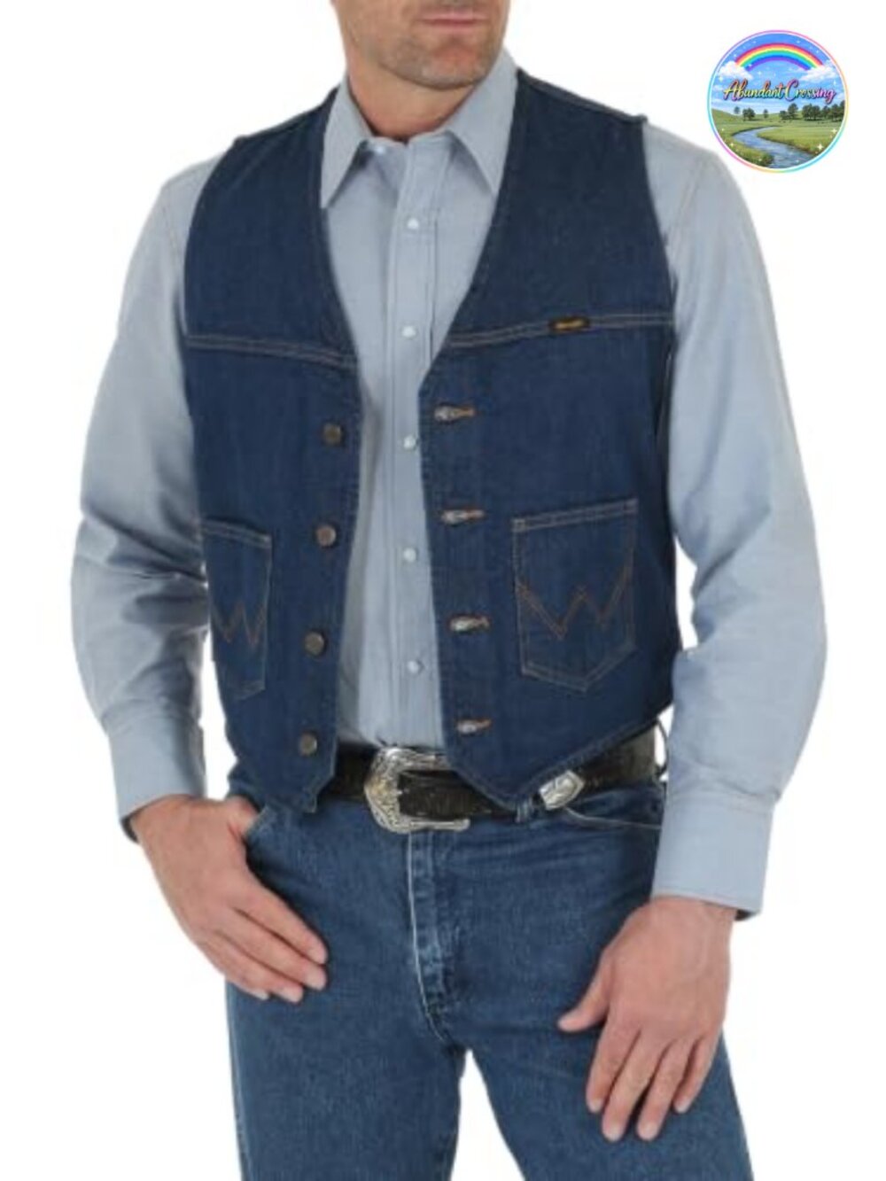 Wrangler Unlined Denim Vest Button Front Collared Sleeveless Western Style